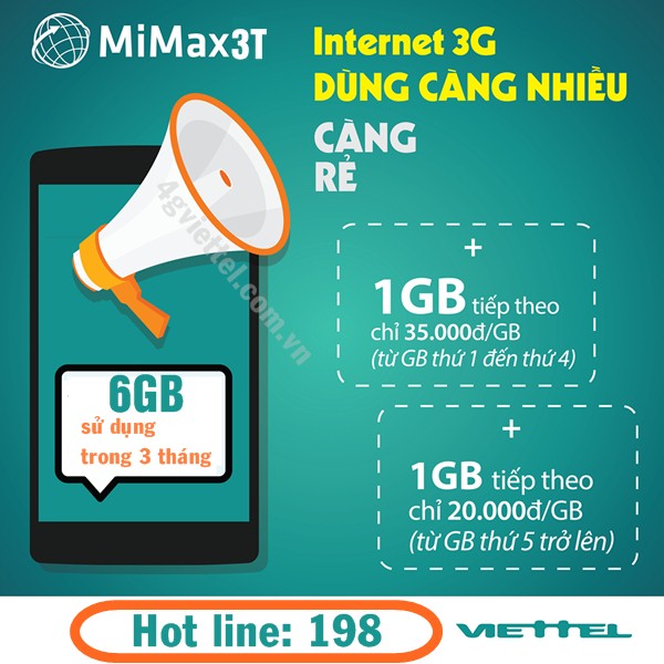 Đăng ký gói 3G mới Mimax3T Viettel miễn phí 6GB data