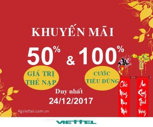 Viettel tặng 50% giá trị thẻ nạp và 100% cước tiêu dùng trong ngày 24/12/2017